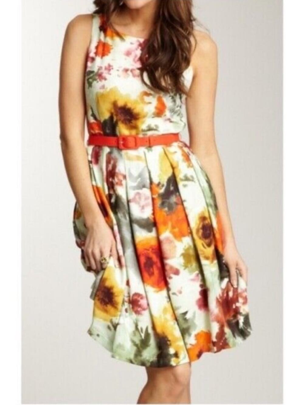Eva Franco Anthropologie En Plein Air Floral Sleeveless Belted Dress Size 8
